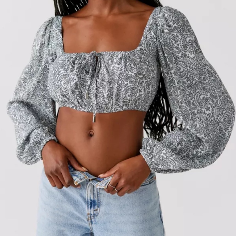 MINKPINK Blue and Black Crop Blouse with Tie Front and Ruched Details